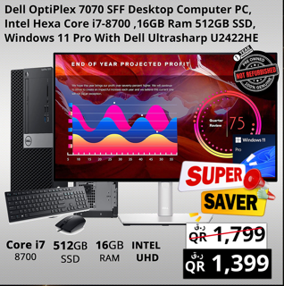 Dell OptiPlex 7070 SFF Core i7-8700 16GB RAM 512GB SSD Windows 11 Pro with Dell UltraSharp U2422HE