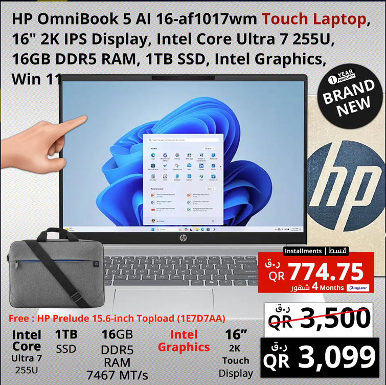 HP Omnibook 5 Ai 14-inch laptop with AI features, silver design, full-size keyboard, ideal for work and study in Qatar